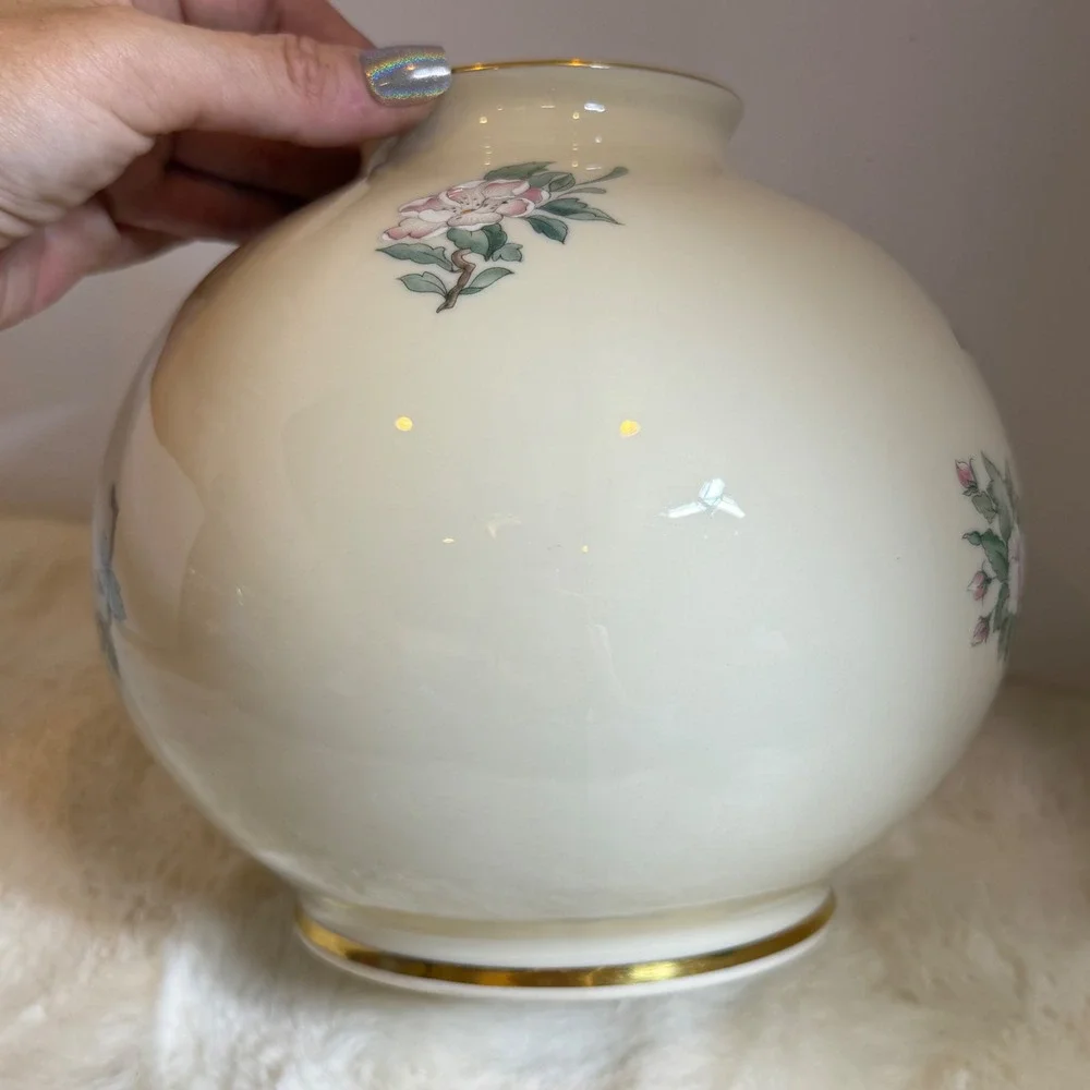 Lenox Serenade Globe Vase 24K Gold Trim Pink Flowers Bird ~ Vintage Hand Painted